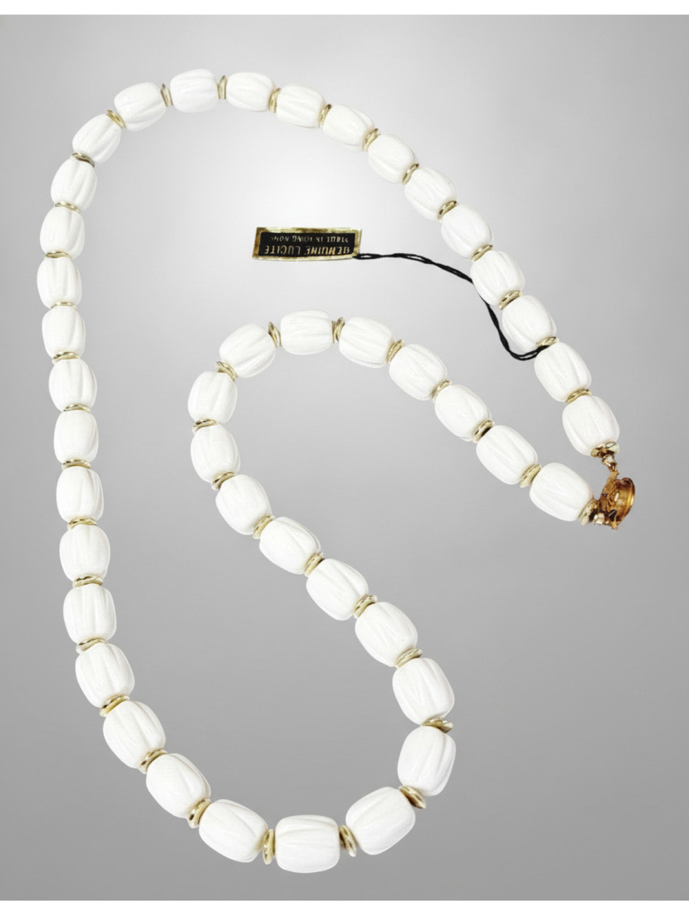 Vintage Necklace, Original Tag White Lucite Hong Kong 24" Long Mid-Century wh2-2